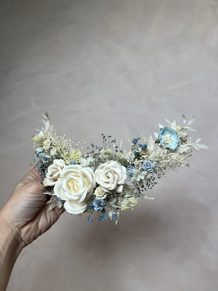 Dusty Blue & Cream Waterfall Hair Vine – Jesse | Romantic Bridal Floral Veil – handmade floral hair accessory by magaela