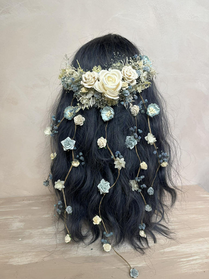 Dusty Blue & Cream Waterfall Hair Vine – Jesse | Romantic Bridal Floral Veil – handmade floral hair accessory by magaela
