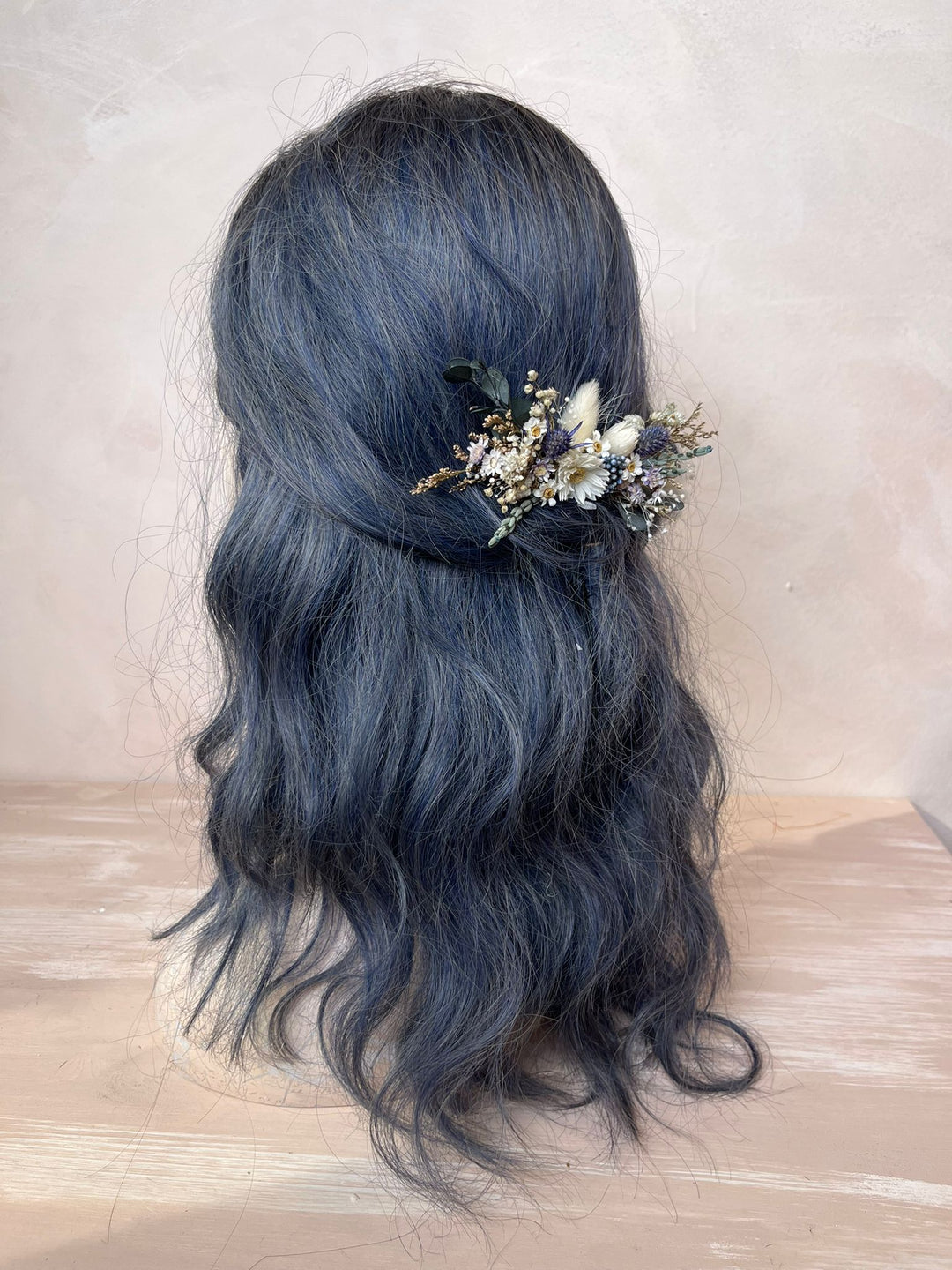 Dried Flower Bridal Hair Comb with Daisies, Thistles and Eucalyptus in Blue, White and Green