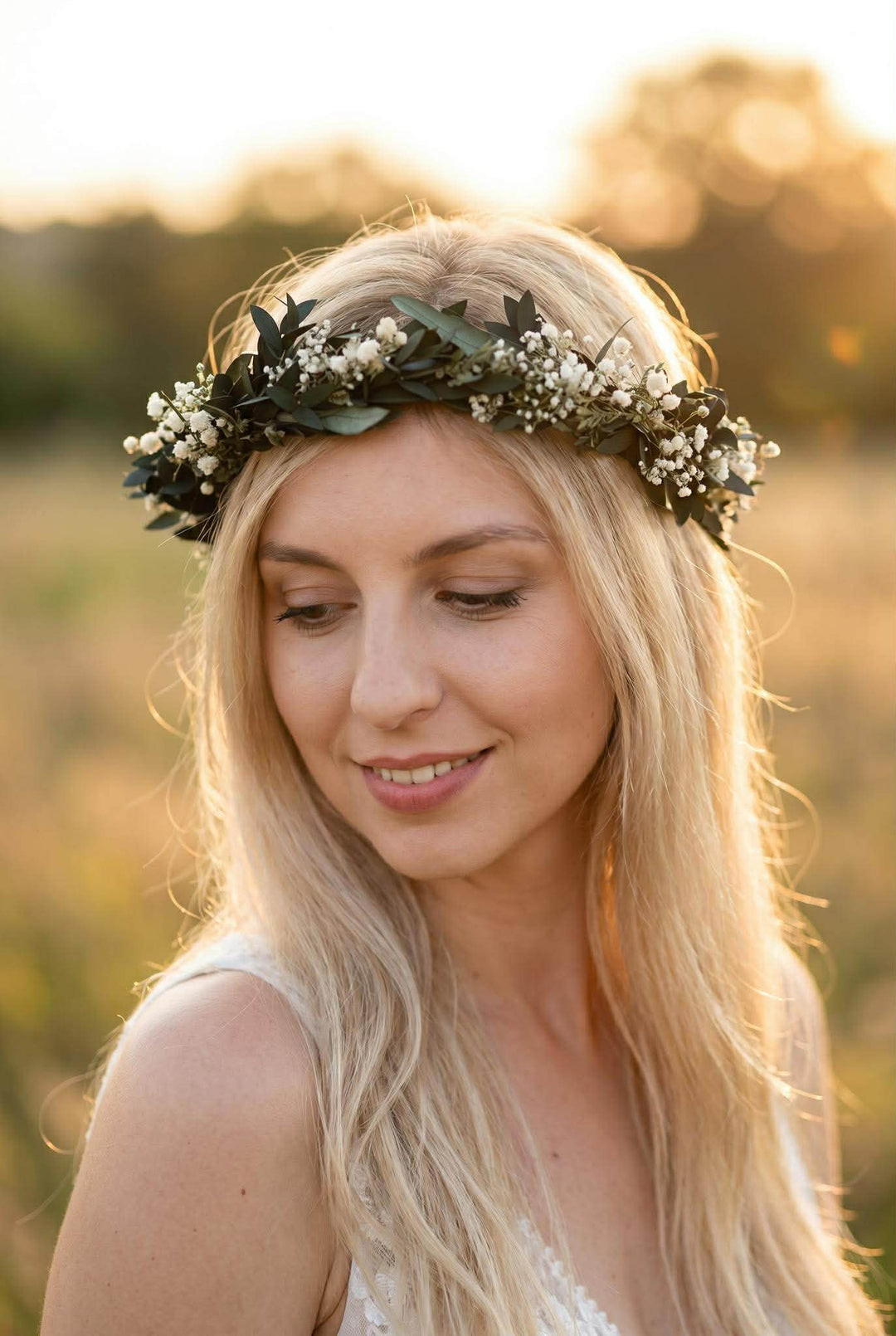 Greenery Wedding Hair Crown: Eucalyptus & Baby's Breath Flower Wreath – handmade floral hair accessory by magaela