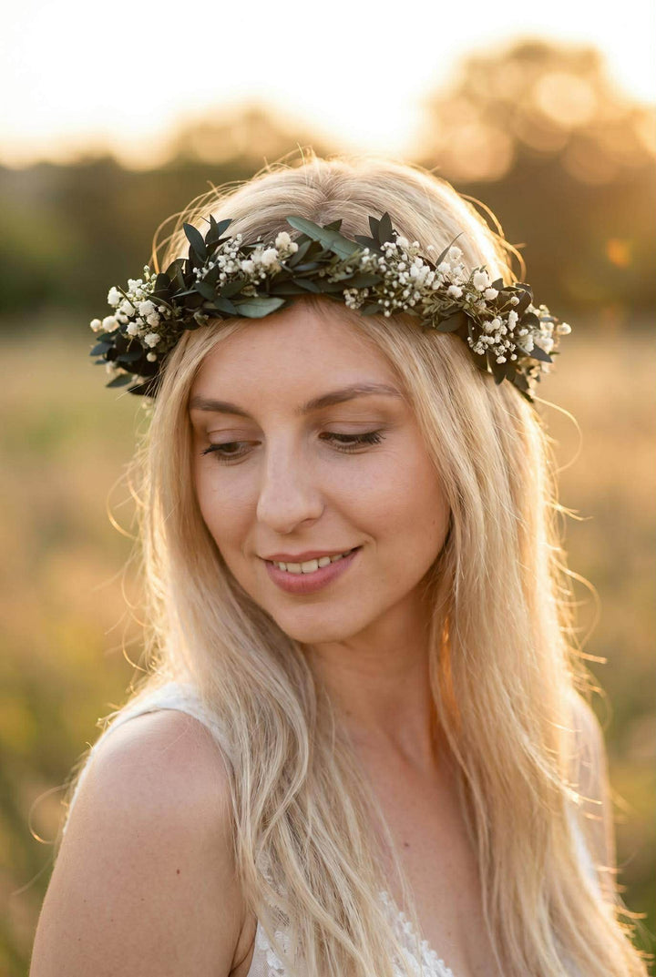 Greenery Wedding Hair Crown: Eucalyptus & Baby's Breath Flower Wreath – handmade floral hair accessory by magaela