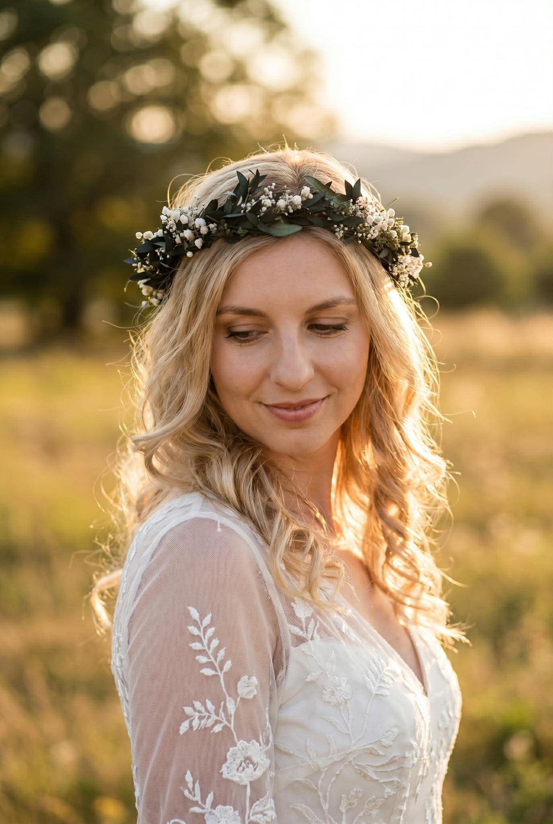 Greenery Wedding Hair Crown: Eucalyptus & Baby's Breath Flower Wreath – handmade floral hair accessory by magaela
