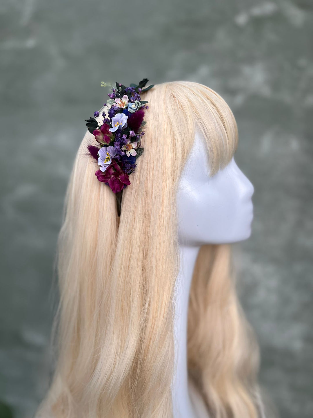 Floral Side Headband with Wildflowers in Deep Purple and Burgundy