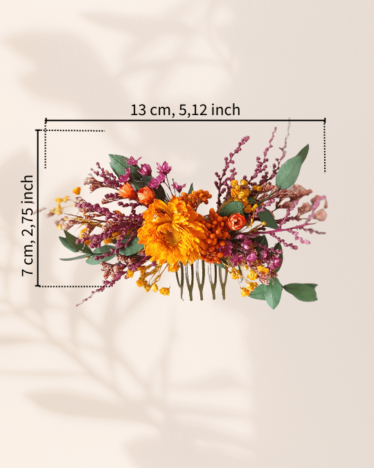 Dried Flower Hair Comb | Orange Flower, Purple Amaranth and Eucalyptus – handmade floral hair accessory by magaela