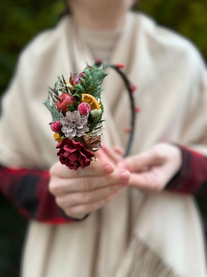 Winter Orange Christmas Accessories – Earrings, Headbands, Brooch & Glass Decorations – handmade floral hair accessory by magaela