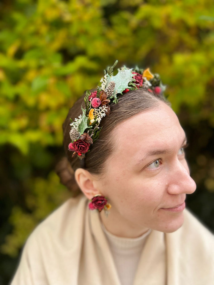 Winter Orange Christmas Accessories – Earrings, Headbands, Brooch & Glass Decorations – handmade floral hair accessory by magaela