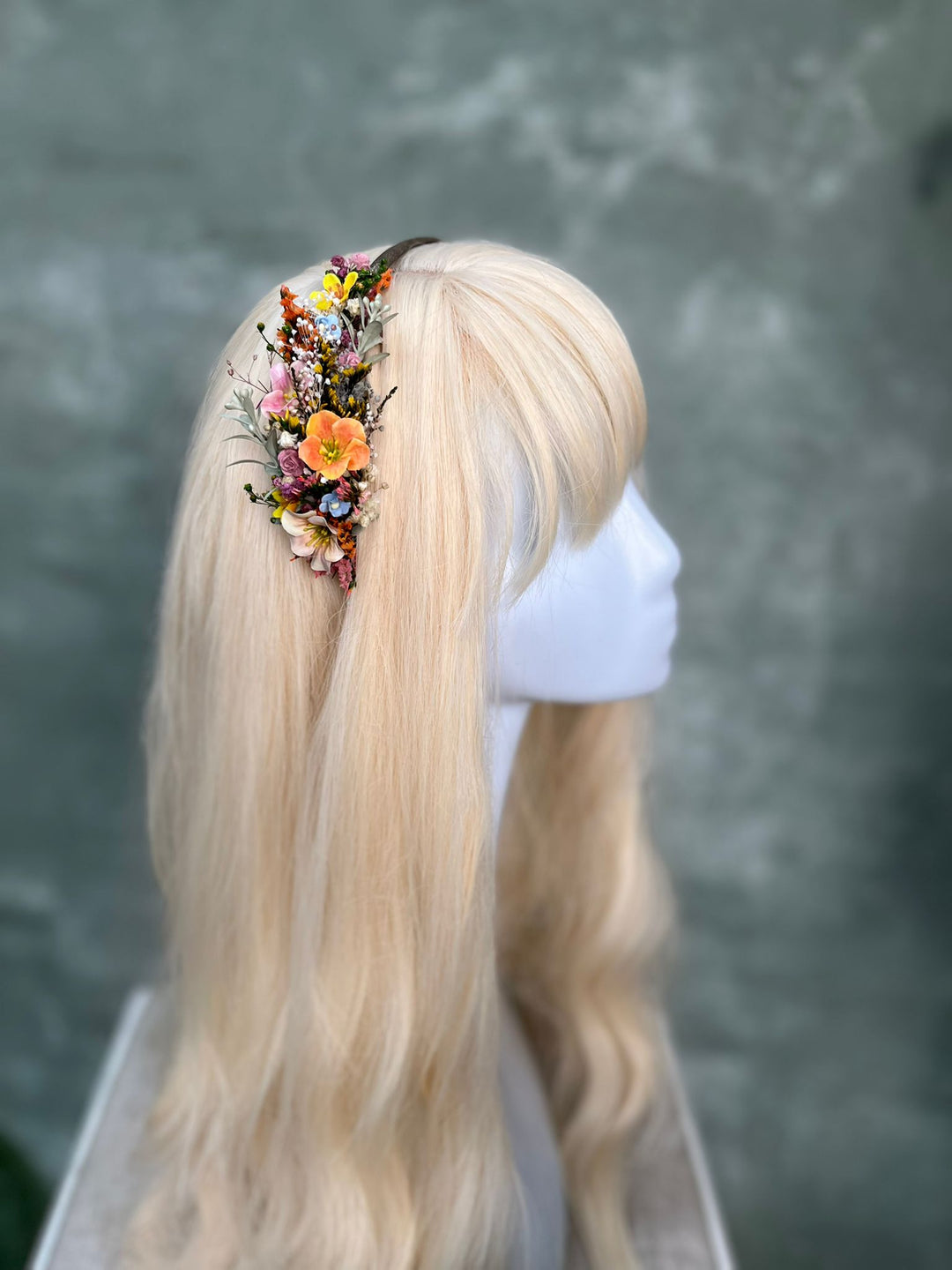 Wildflower Side Hair Headband with Orange Flowers, Ixodia and Gypsophila – handmade floral hair accessory by magaela