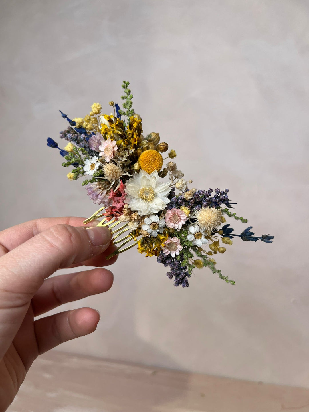 Wildflower Meadow Bridal Hair Comb with Dried Daisy, Lavender, Billy Buttons and Mixed Botanicals
