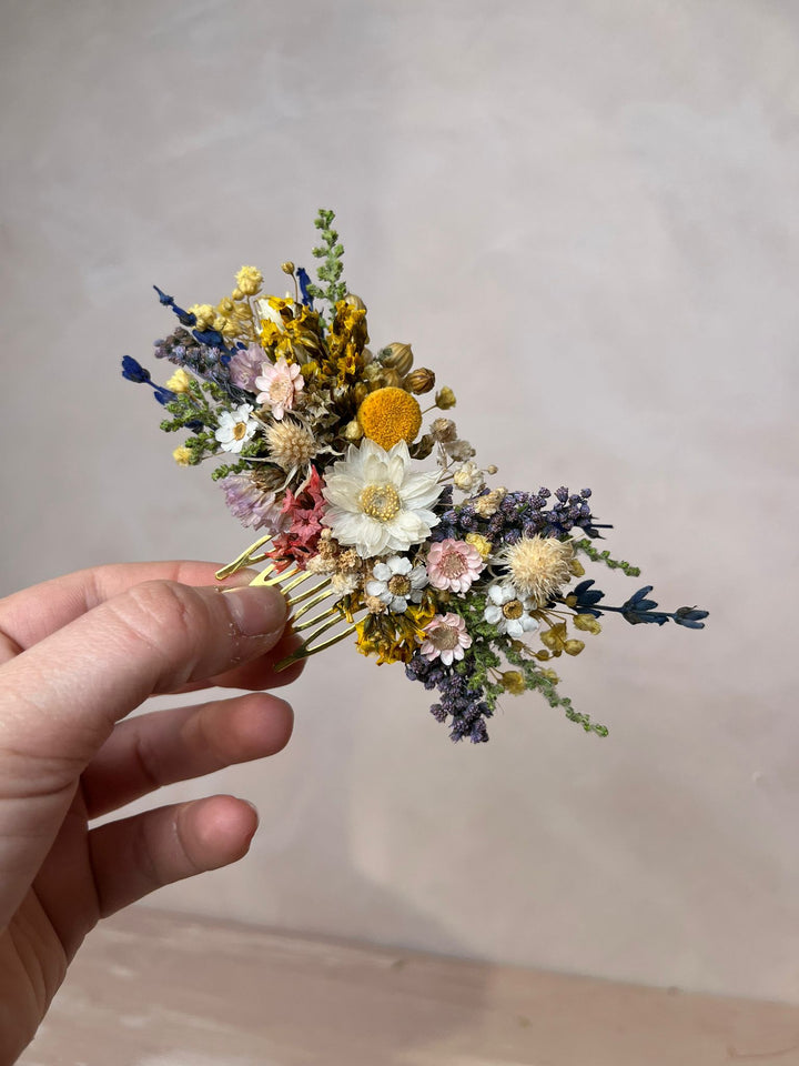 Wildflower Meadow Bridal Hair Comb with Dried Daisy, Lavender, Billy Buttons and Mixed Botanicals