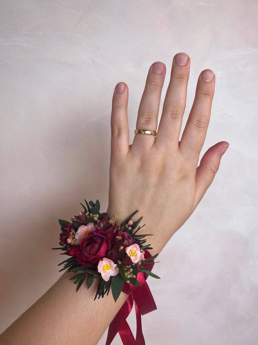 Burgundy Fall Wedding Wrist Corsage with Peonies, Eucalyptus and Wildflowers