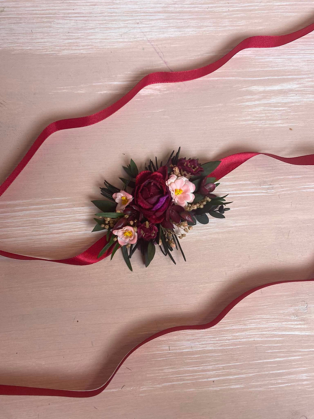 Burgundy Fall Wedding Wrist Corsage with Peonies, Eucalyptus and Wildflowers