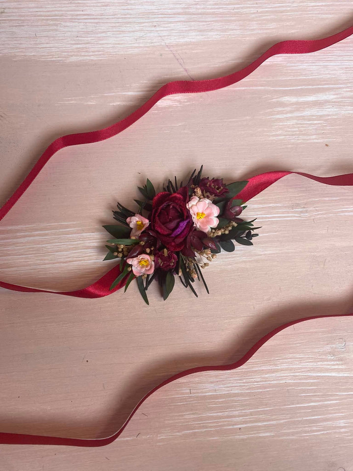 Burgundy Fall Wedding Wrist Corsage with Peonies, Eucalyptus and Wildflowers