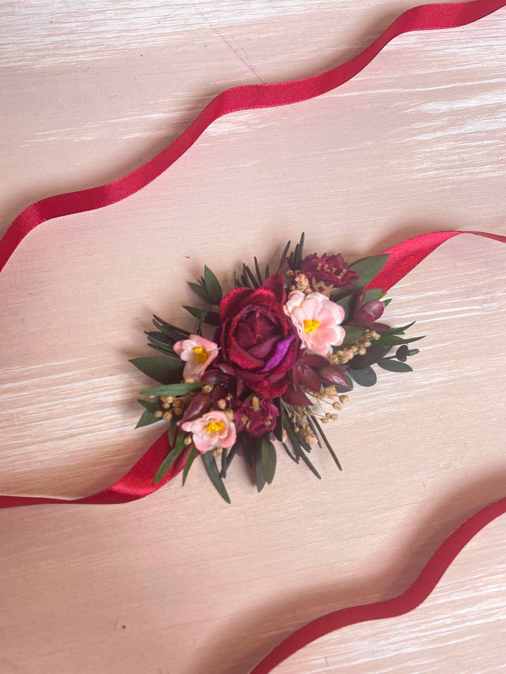 Burgundy Fall Wedding Wrist Corsage with Peonies, Eucalyptus and Wildflowers