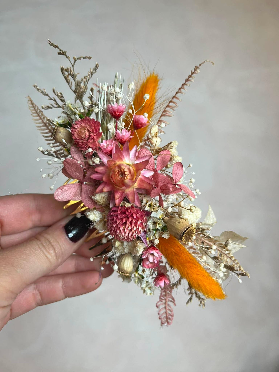 Pink and Orange Dried Flower Bridal Hair Comb Set with Matching Earrings – handmade floral hair accessory by magaela