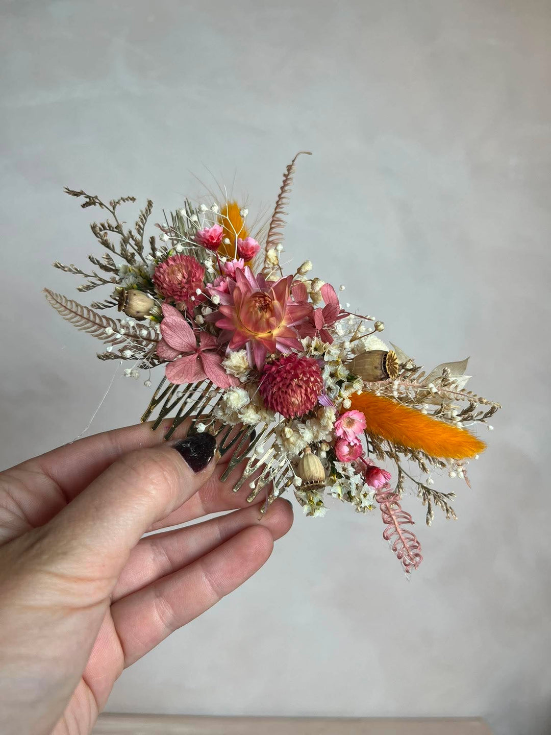 Pink and Orange Dried Flower Bridal Hair Comb Set with Matching Earrings – handmade floral hair accessory by magaela