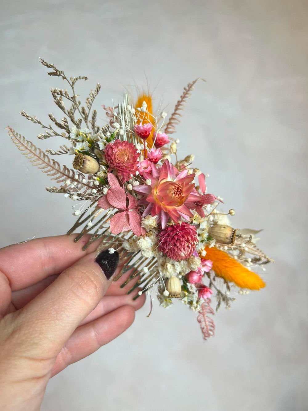 Pink and Orange Dried Flower Bridal Hair Comb Set with Matching Earrings – handmade floral hair accessory by magaela