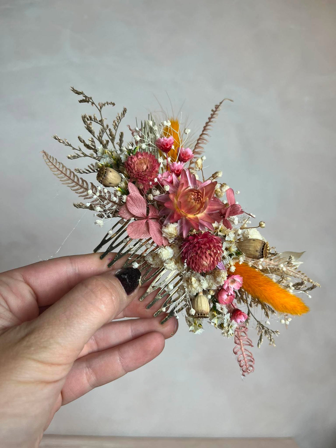 Pink and Orange Dried Flower Bridal Hair Comb Set with Matching Earrings – handmade floral hair accessory by magaela