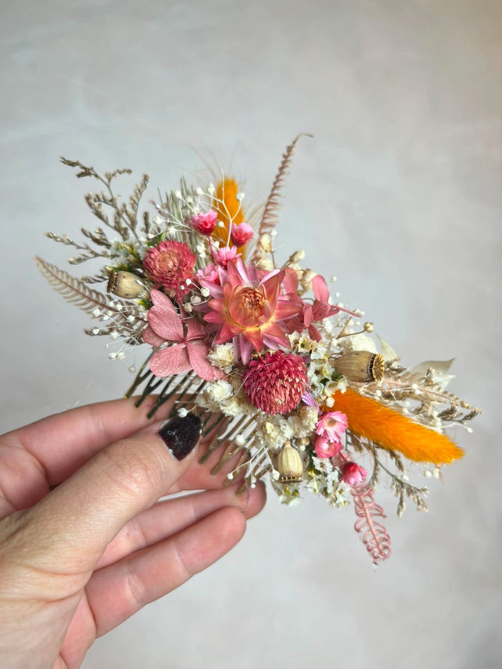 Pink and Orange Dried Flower Bridal Hair Comb Set with Matching Earrings – handmade floral hair accessory by magaela