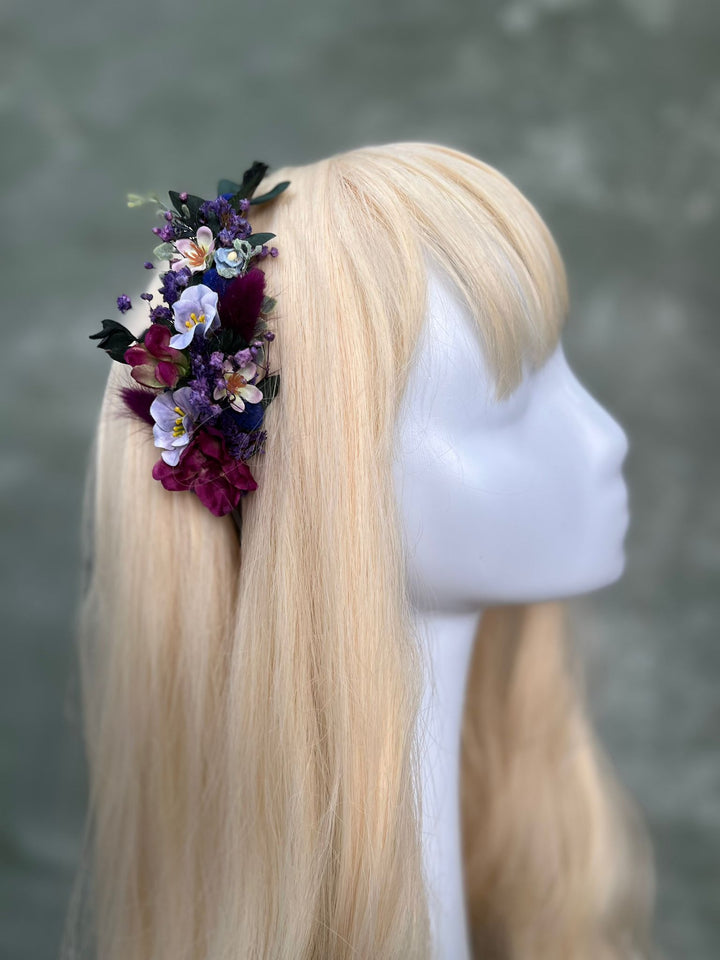 Floral Side Headband with Wildflowers in Deep Purple and Burgundy
