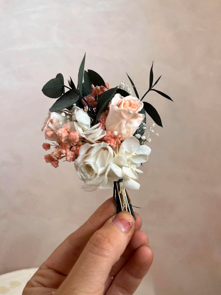 Blush Garden Bridal Bouquet with Preserved Flowers – handmade floral hair accessory by magaela