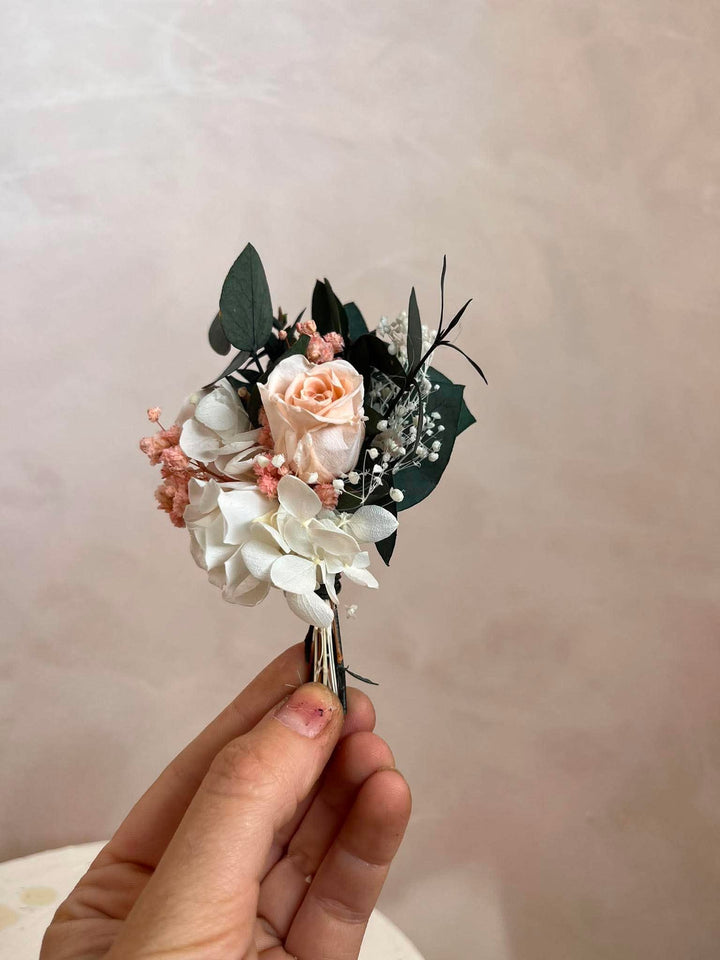 Blush Garden Bridal Bouquet with Preserved Flowers – handmade floral hair accessory by magaela