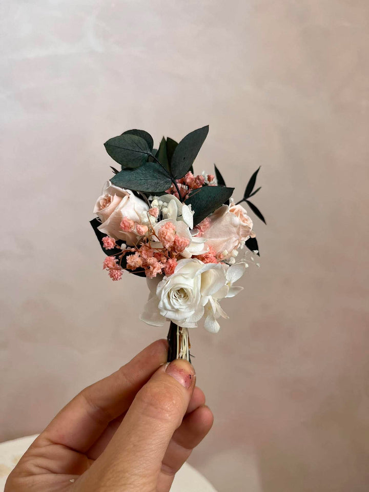 Blush Garden Bridal Bouquet with Preserved Flowers – handmade floral hair accessory by magaela