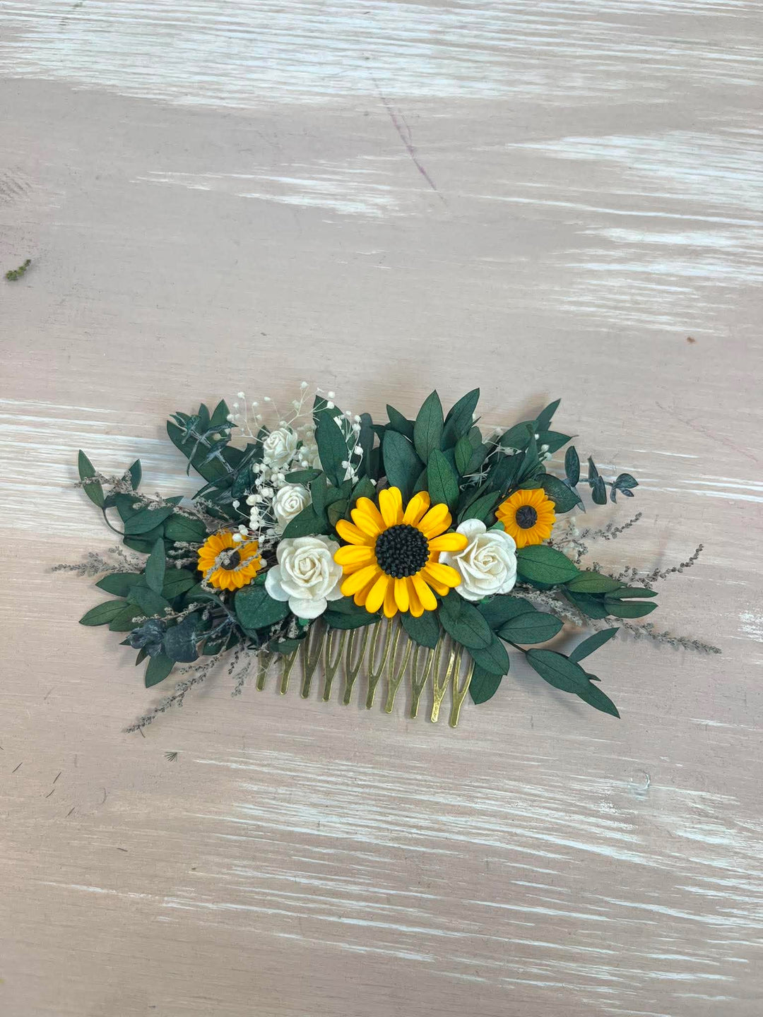 Sunflower Hair Comb with White Roses and Eucalyptus – handmade floral hair accessory by magaela