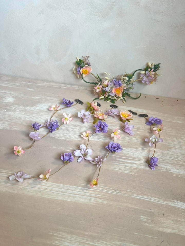 Apricot and Lilac Floral Hair Vine with 5 Hair Clips: Cascading hair accessory – handmade floral hair accessory by magaela