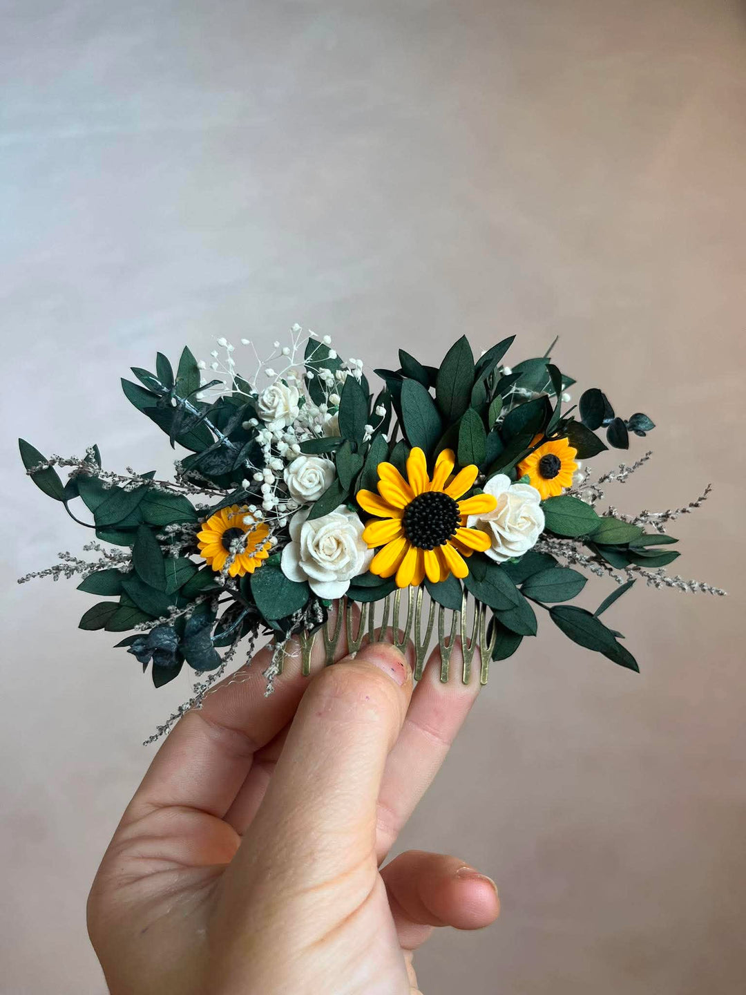 Sunflower Hair Comb with White Roses and Eucalyptus – handmade floral hair accessory by magaela