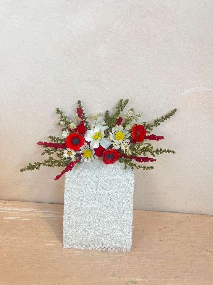 Red Pocket Boutonniere with Poppy, Daisies and Dried Wildflowers