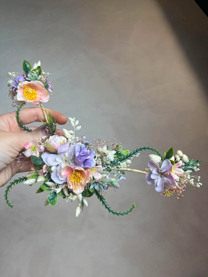 Apricot and Lilac Floral Hair Vine with 5 Hair Clips: Cascading hair accessory – handmade floral hair accessory by magaela