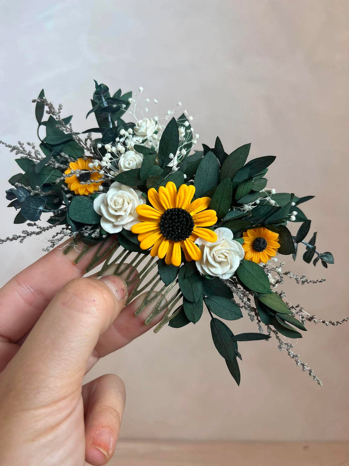 Sunflower Hair Comb with White Roses and Eucalyptus – handmade floral hair accessory by magaela