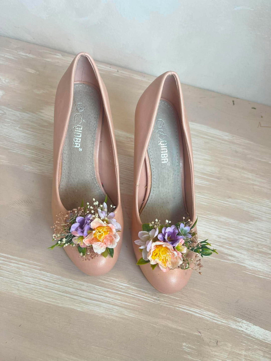 Apricot and Lilac Floral Shoe Clips with Gypsophila and Eucalyptus – handmade floral hair accessory by magaela