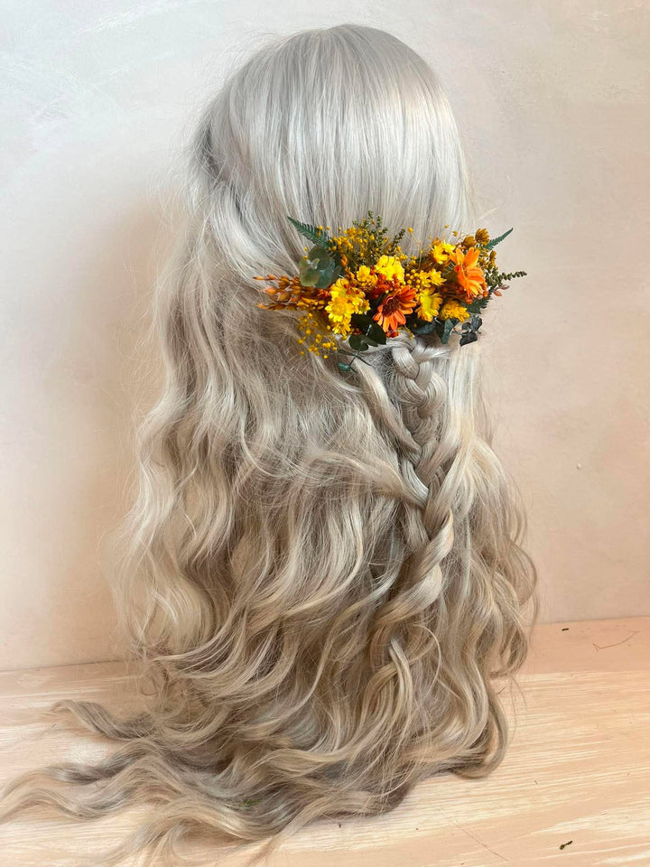 Haarkamm Orange-Gelb mit Gänseblümchen, Schleierkraut und Farn