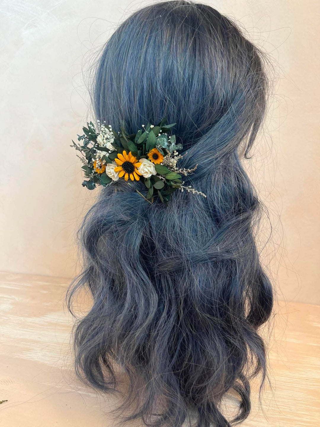 Sunflower Hair Comb with White Roses and Eucalyptus – handmade floral hair accessory by magaela