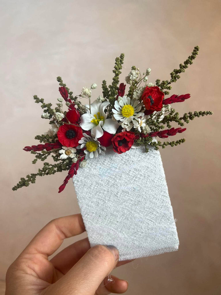 Red Pocket Boutonniere with Poppy, Daisies and Dried Wildflowers