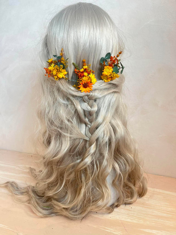 Orange and Yellow Flower Hair Pins with Daisies, Gypsophila and Eucalyptus