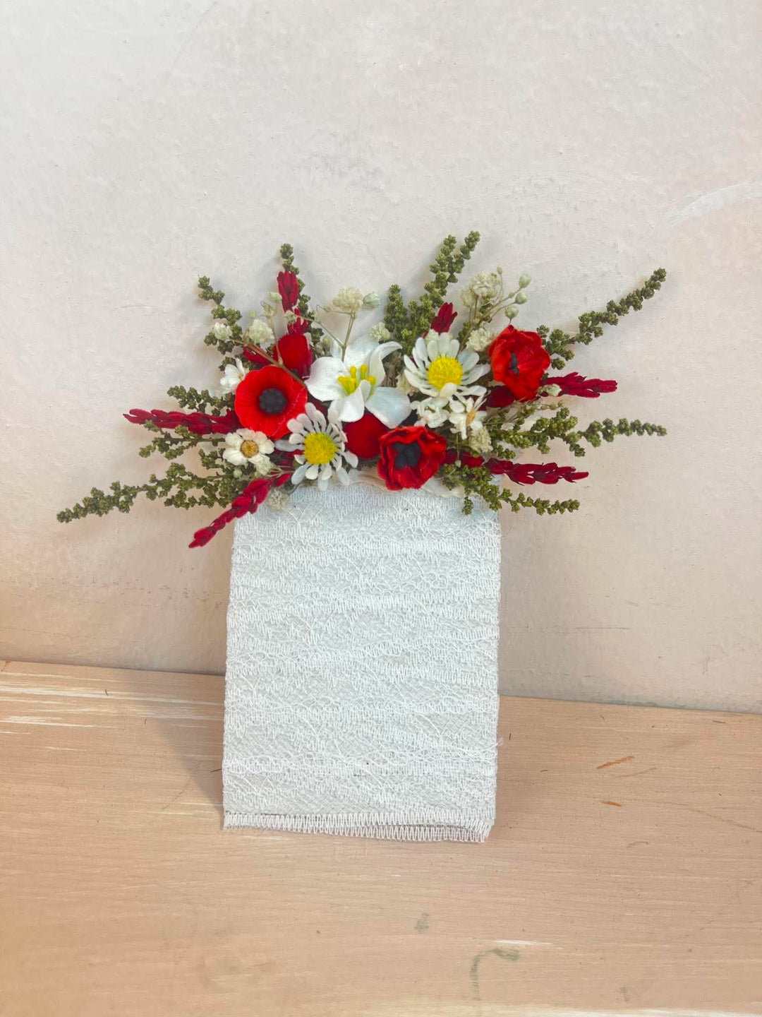 Red Pocket Boutonniere with Poppy, Daisies and Dried Wildflowers