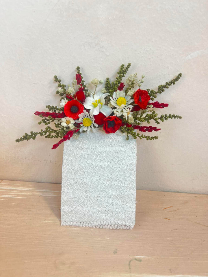 Red Pocket Boutonniere with Poppy, Daisies and Dried Wildflowers