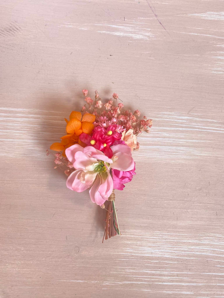 Pink Orange Bridesmaid Bouquet with Ranunculus, Dahlias and Orchids – handmade floral hair accessory by magaela