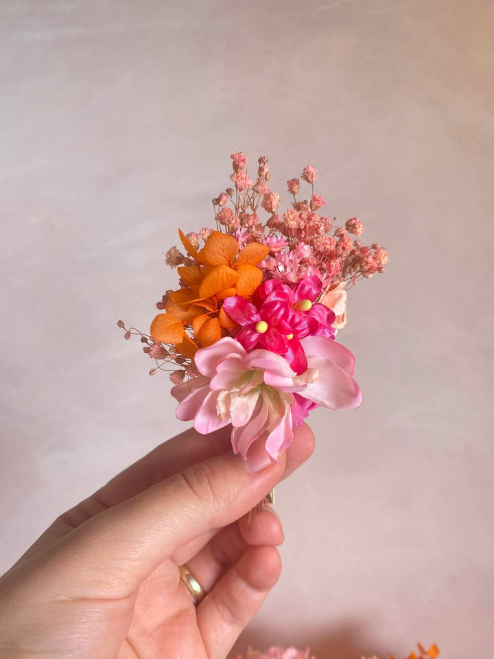 Pink Orange Bridesmaid Bouquet with Ranunculus, Dahlias and Orchids – handmade floral hair accessory by magaela