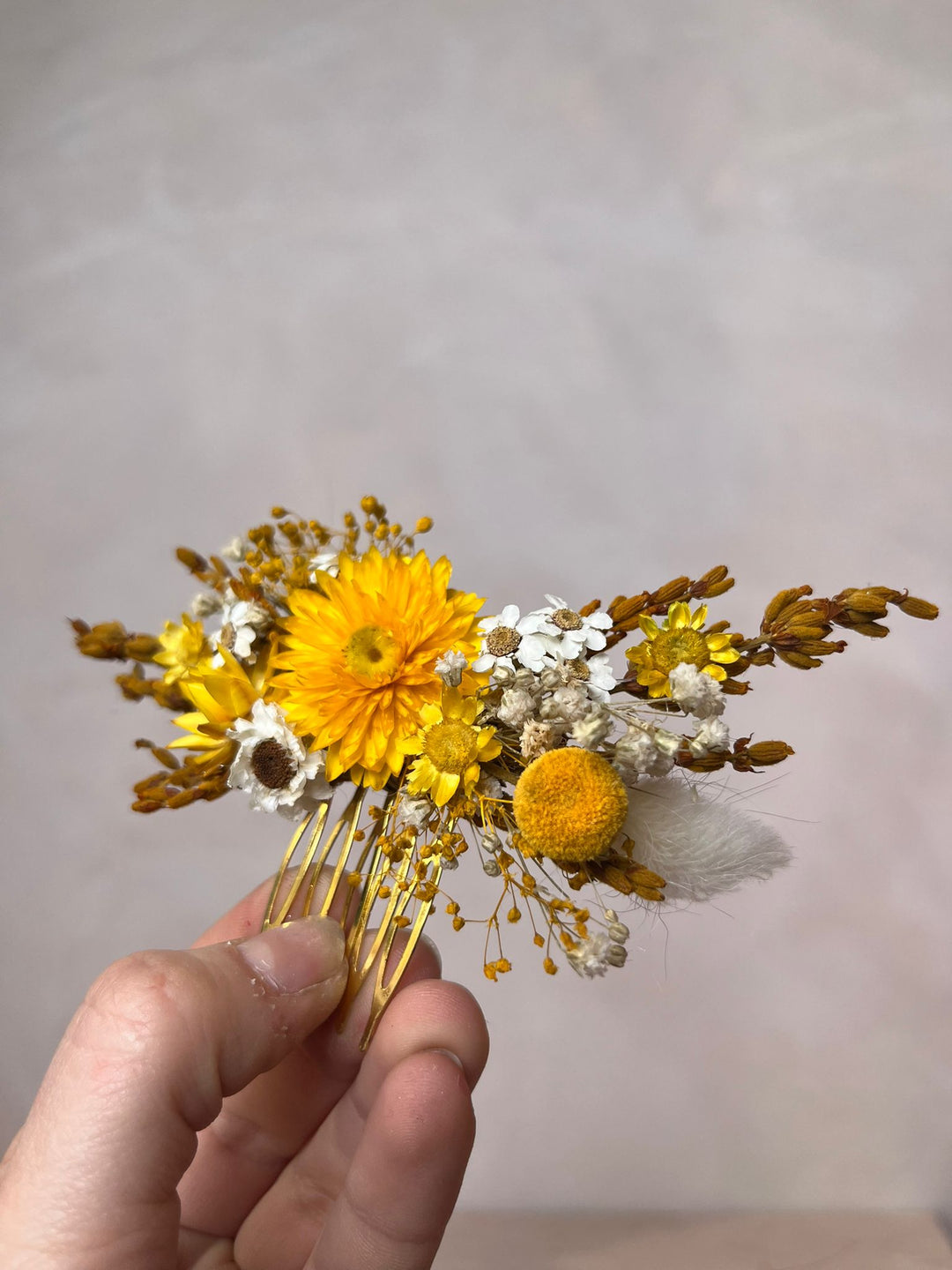 Dried Flower Bridal Hair Comb with Yellow Dried Flowers,Bunny Tails, Billy Buttons and Gypsophila in Yellow and White