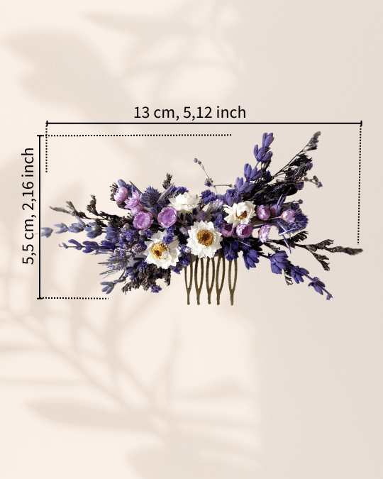 Dried Flower Hair Comb | Lavender, Gypsophila and White Daisy-Like Blooms – handmade floral hair accessory by magaela