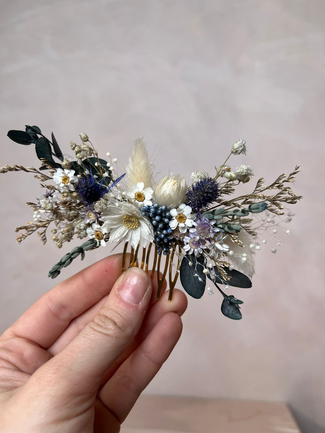 Dried Flower Bridal Hair Comb with Daisies, Thistles and Eucalyptus in Blue, White and Green