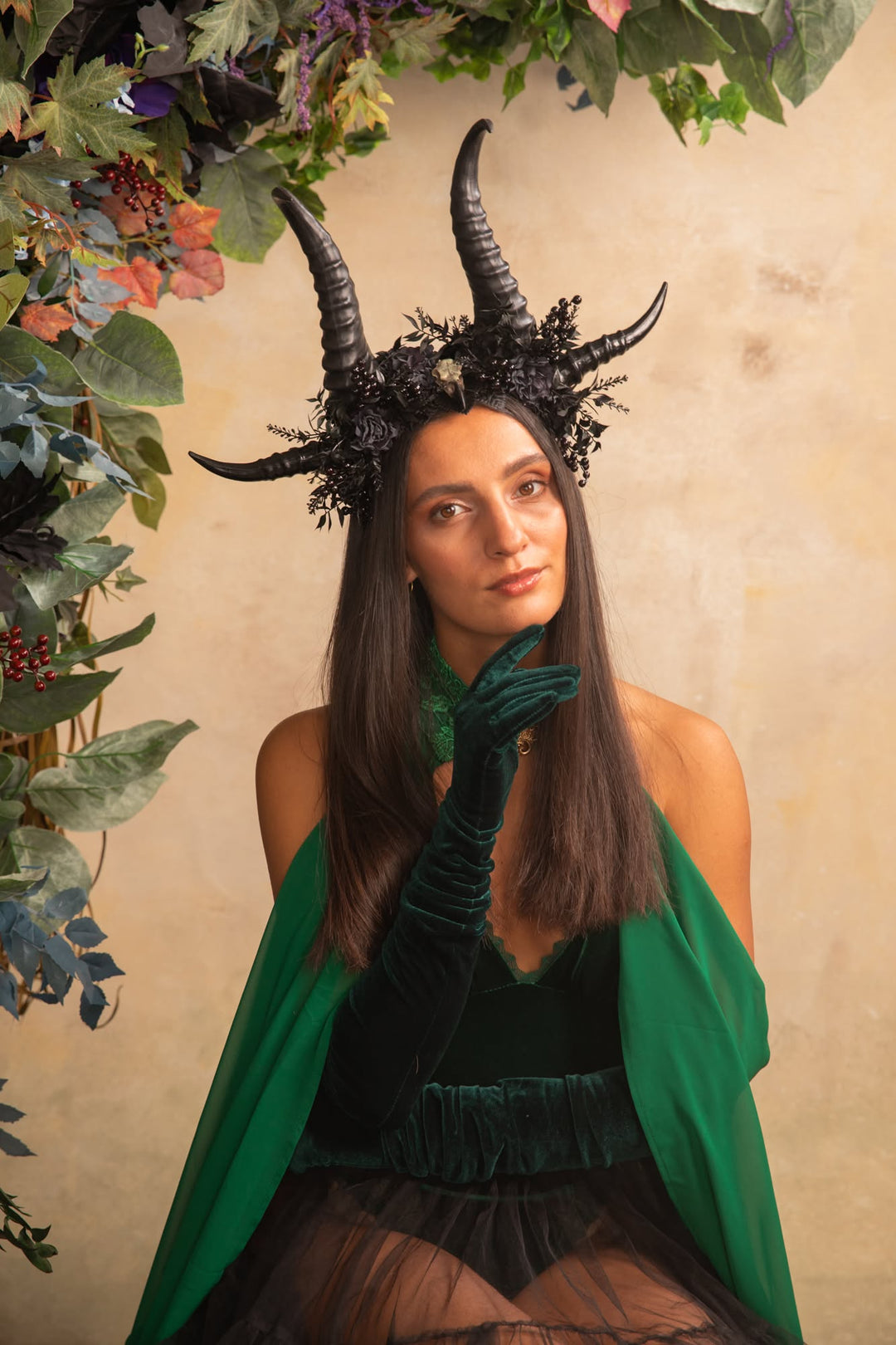 Black Horn Headband with Flowers for a Forest Witch – handmade floral hair accessory by magaela