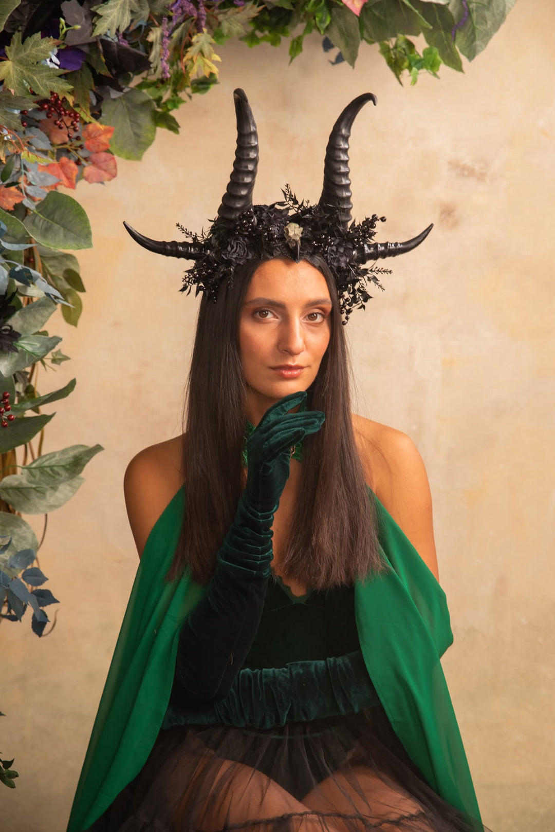Black Horn Headband with Flowers for a Forest Witch – handmade floral hair accessory by magaela