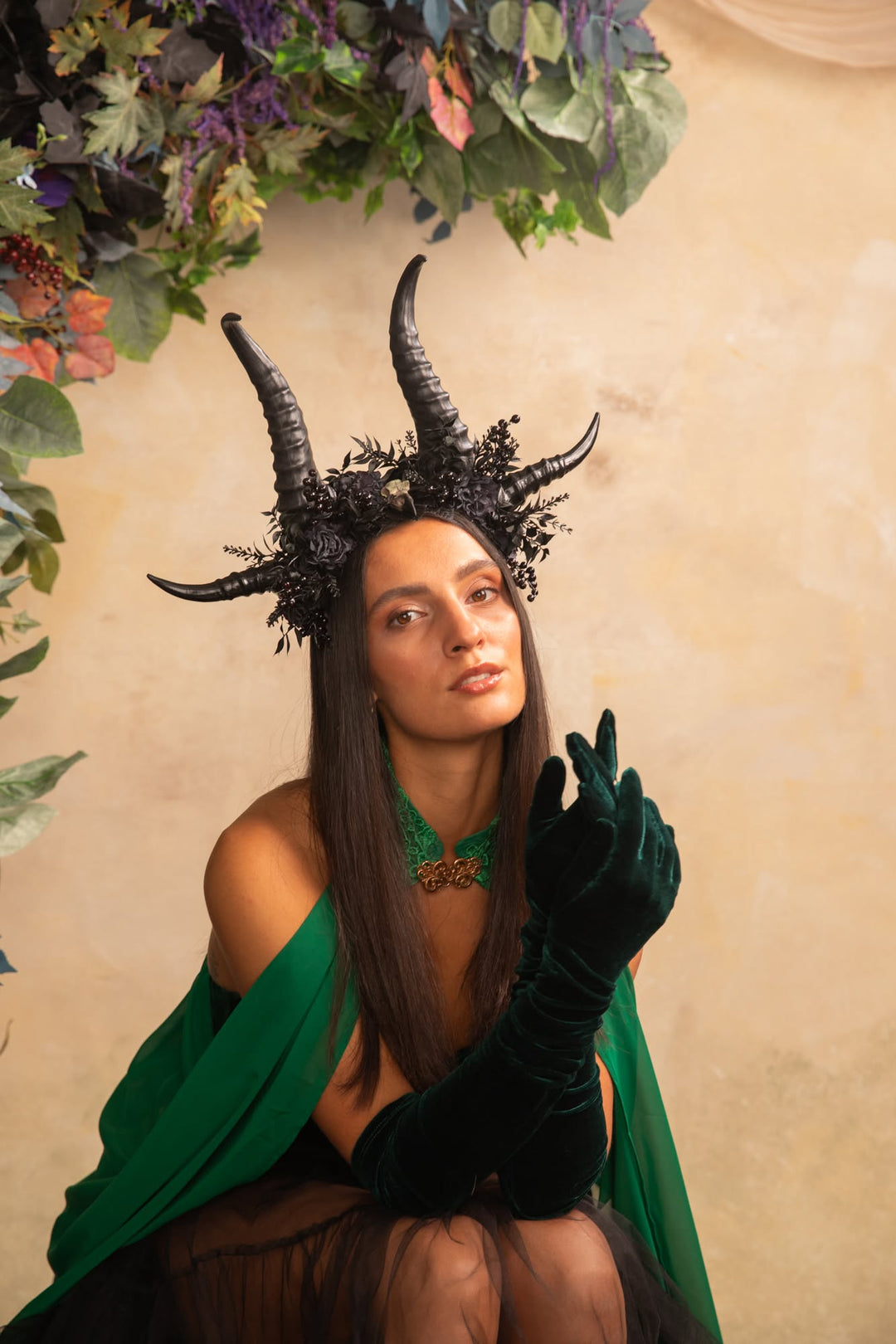 Black Horn Headband with Flowers for a Forest Witch – handmade floral hair accessory by magaela
