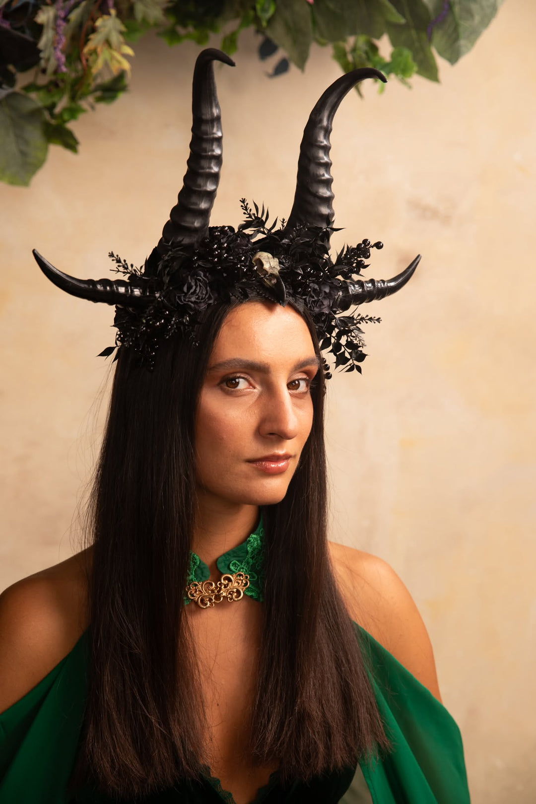 Black Horn Headband with Flowers for a Forest Witch – handmade floral hair accessory by magaela