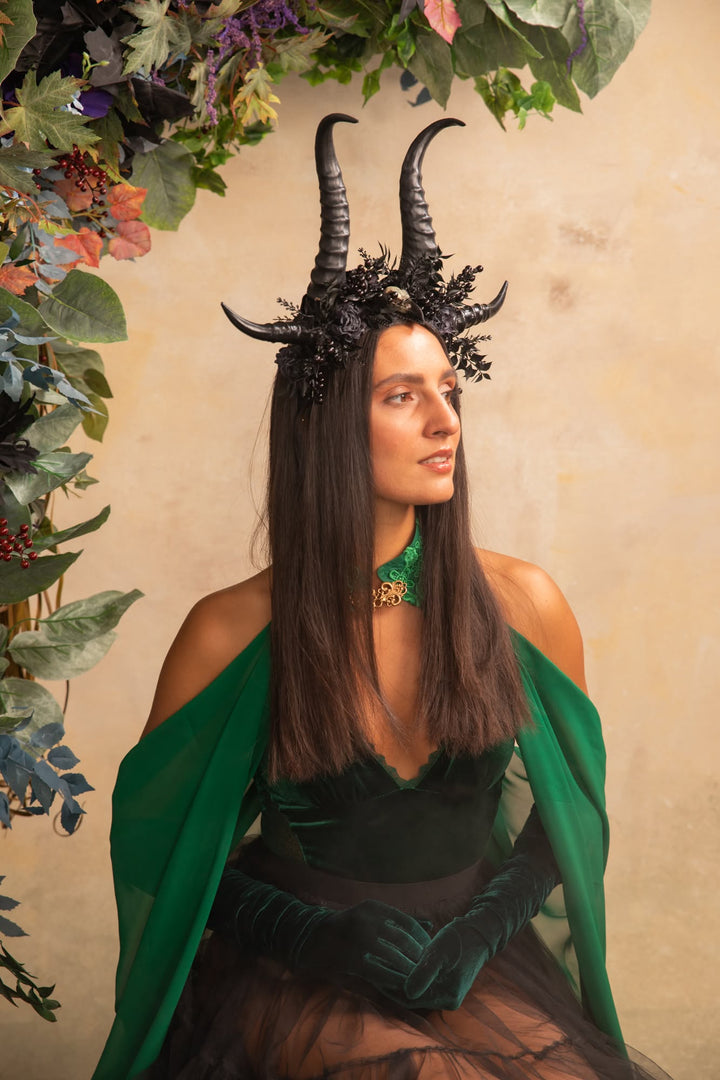 Black Horn Headband with Flowers for a Forest Witch – handmade floral hair accessory by magaela