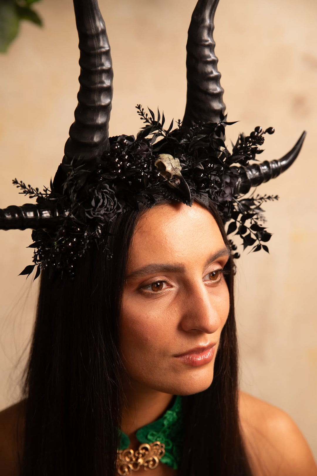 Black Horn Headband with Flowers for a Forest Witch – handmade floral hair accessory by magaela